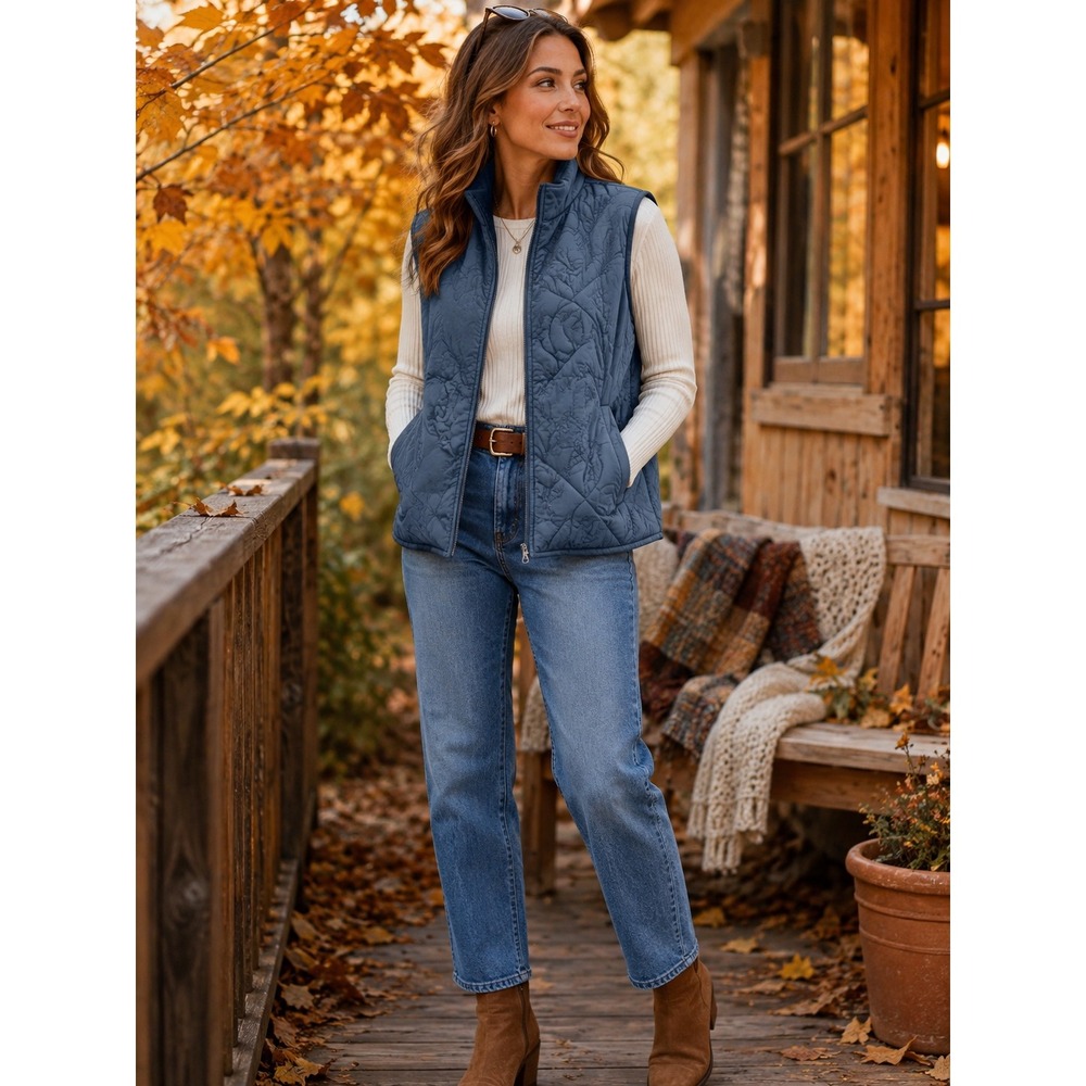Pendleton Women's Medium Blue Quilted Paisley Floral Zip Vest Fall Layering